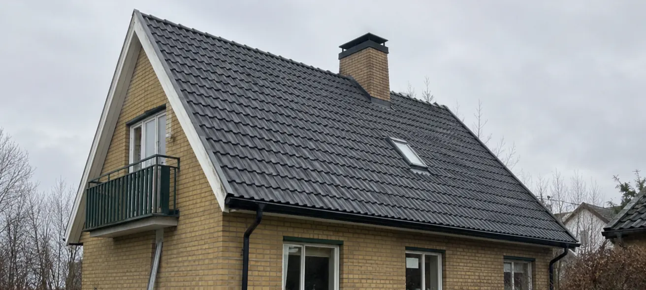 Efter: samma tak med hela, mörka takpannor över hela ytan och takfönstret på plats.