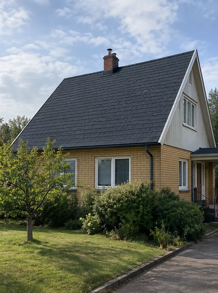 Efter: samma tak med nya, släta och mörka takplattor.