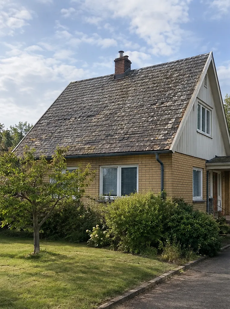 Före: ett brant sadeltak på ett gult tegelhus, täckt av slitna och mossiga takplattor.