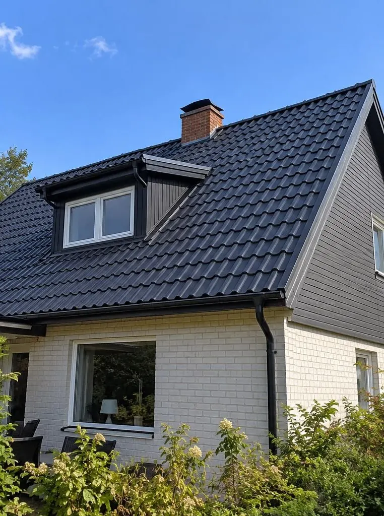Efter: samma tak med nya svarta takpannor lagda runt takkupan.