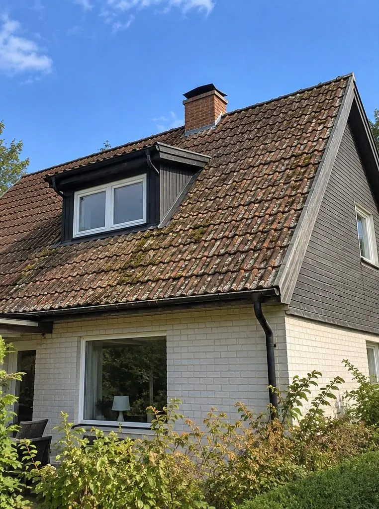 Före: ett tak med gamla röda lertegelpannor täckta av mossa, och en takkupa med fönster.
